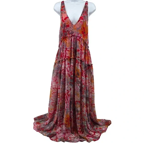 Free People Julianna Maxi Dress Red Cherry Floral Tiered Boho Summer Festival S - Picture 2 of 11